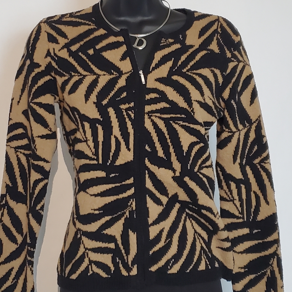 Talbots Petite XSP Cardigan Sweater Brown Black Front Zip PP